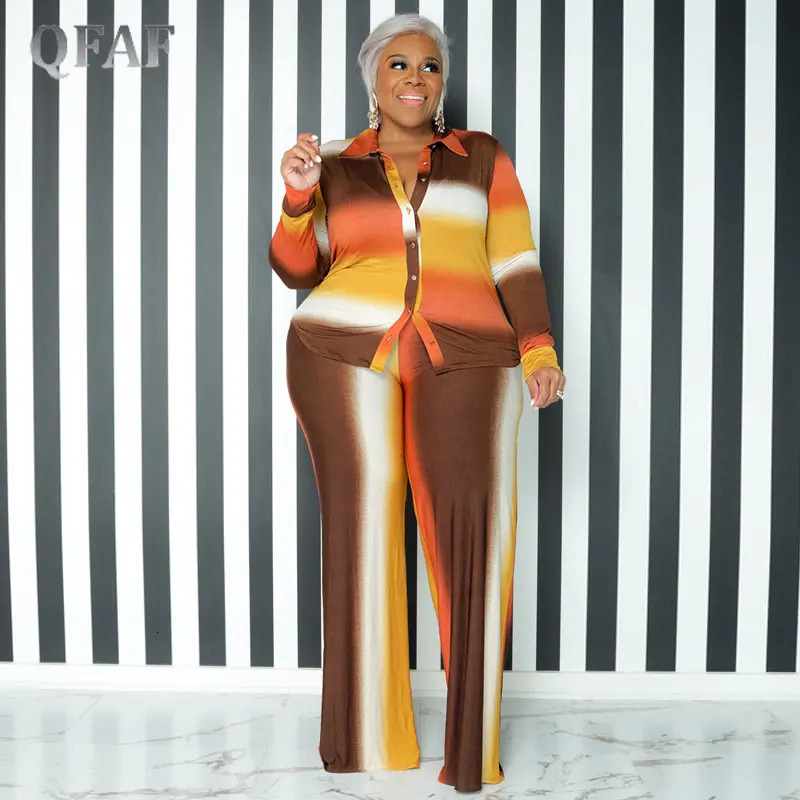 QFAF INS Plus Size Gradient Striped Wide Leg Loose Trouser Suit Women Set Long Sleeve Shirt and Straight Pants Two 2 Piece Set 240309