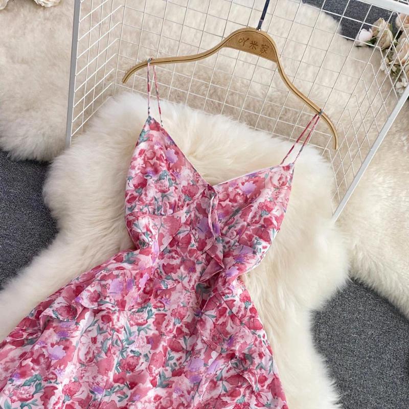 Casual Dresses 2024 Summer Sweet Lolita Dress For Girls High Waist Close Sleeveless A-line Ruffle Floral Chiffon Women Holiday