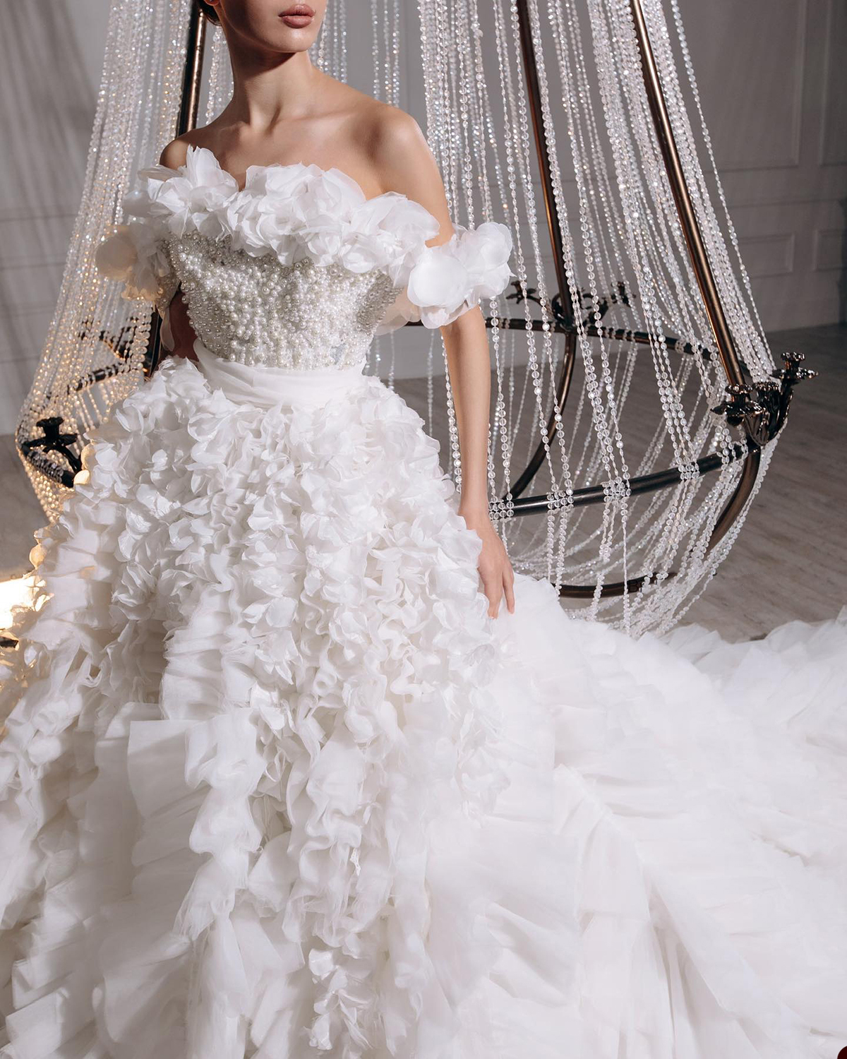 Romantic Wedding Dresses More Pearls A e Bridal Gowns Beaded Off Shoulder Ruffle Train Custom Made Vestidos De Novia
