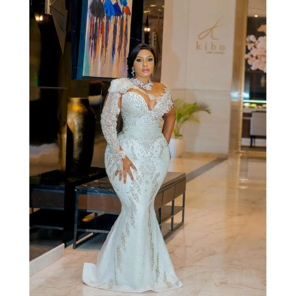 Arabic White Ebi Aso Mermaid Wedding Dress Beaded Crystals Lace Detachable Train Bridal Gowns Dresses ZJ Es