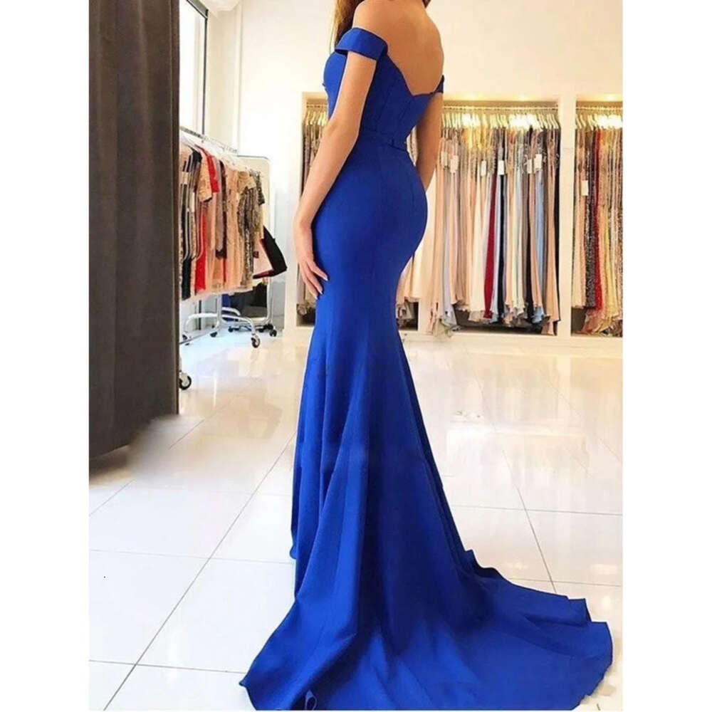 Blue Mermaid Royal Prom Dresses Off Shoulder Backless Sweep Train Simple Garden Country Arabic Bridesmaid Evening Gowns Maid Of Honor
