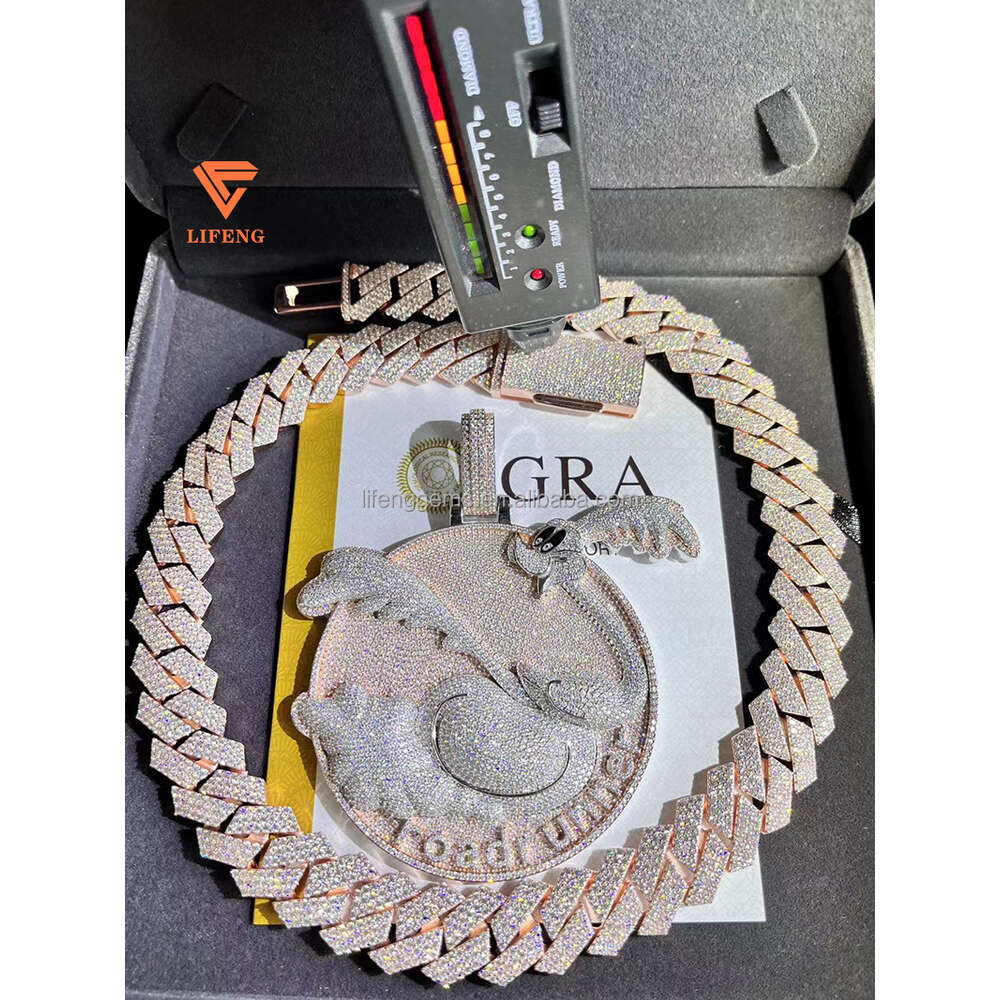 Fashion Design Solid Silver Gra Moissanite 18mm 20mm Wide Diamond Iced Out Pendant Necklace Cuban Link Chain for Rapper