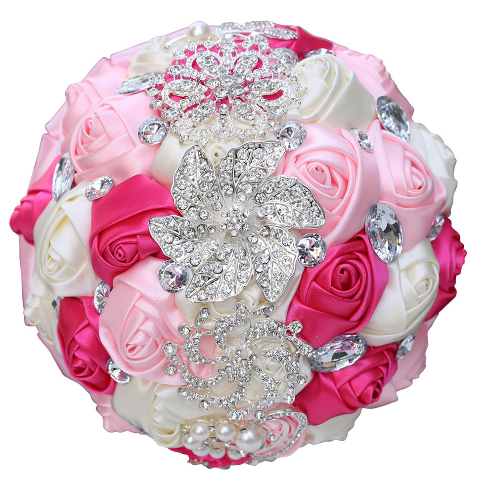 Custom Made Satin Rose Wedding Flowers Bridal Bouquet Crystal Beading Shiny Pink Ivory White Blue Red Mix Color Hand Made Flower Supplies