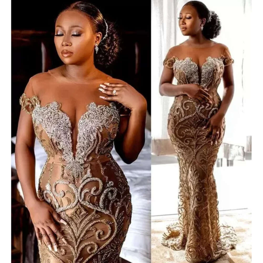 Plus Size Arabic Aso Ebi Gold Urious Mermaid Prom Dresses Sheer Neck Beaded Lace Evening Formal Party Second Reception Gowns Dress