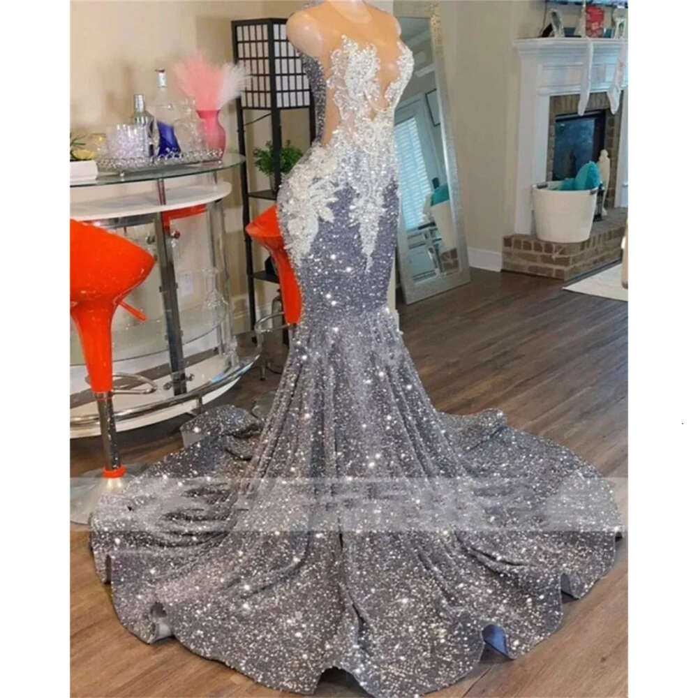 Sequin Shinning Grey Mermaid Prom Dresses O Neck Lace Appliques Formal Ocn Gowns For Arabic Women Custom Made cn