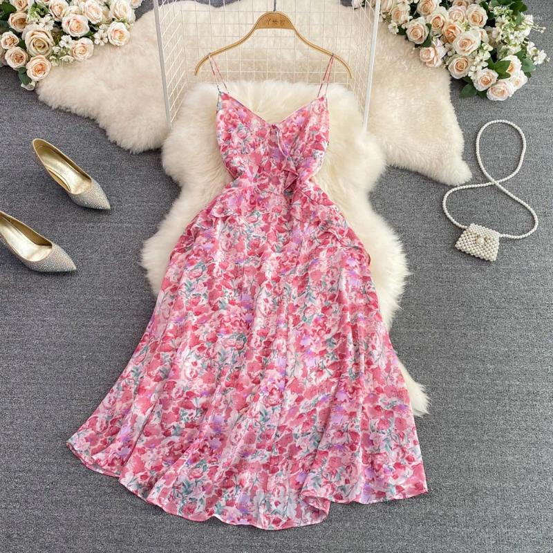 Casual Dresses 2024 Summer Sweet Lolita Dress For Girls High Waist Close Sleeveless A-line Ruffle Floral Chiffon Women Holiday