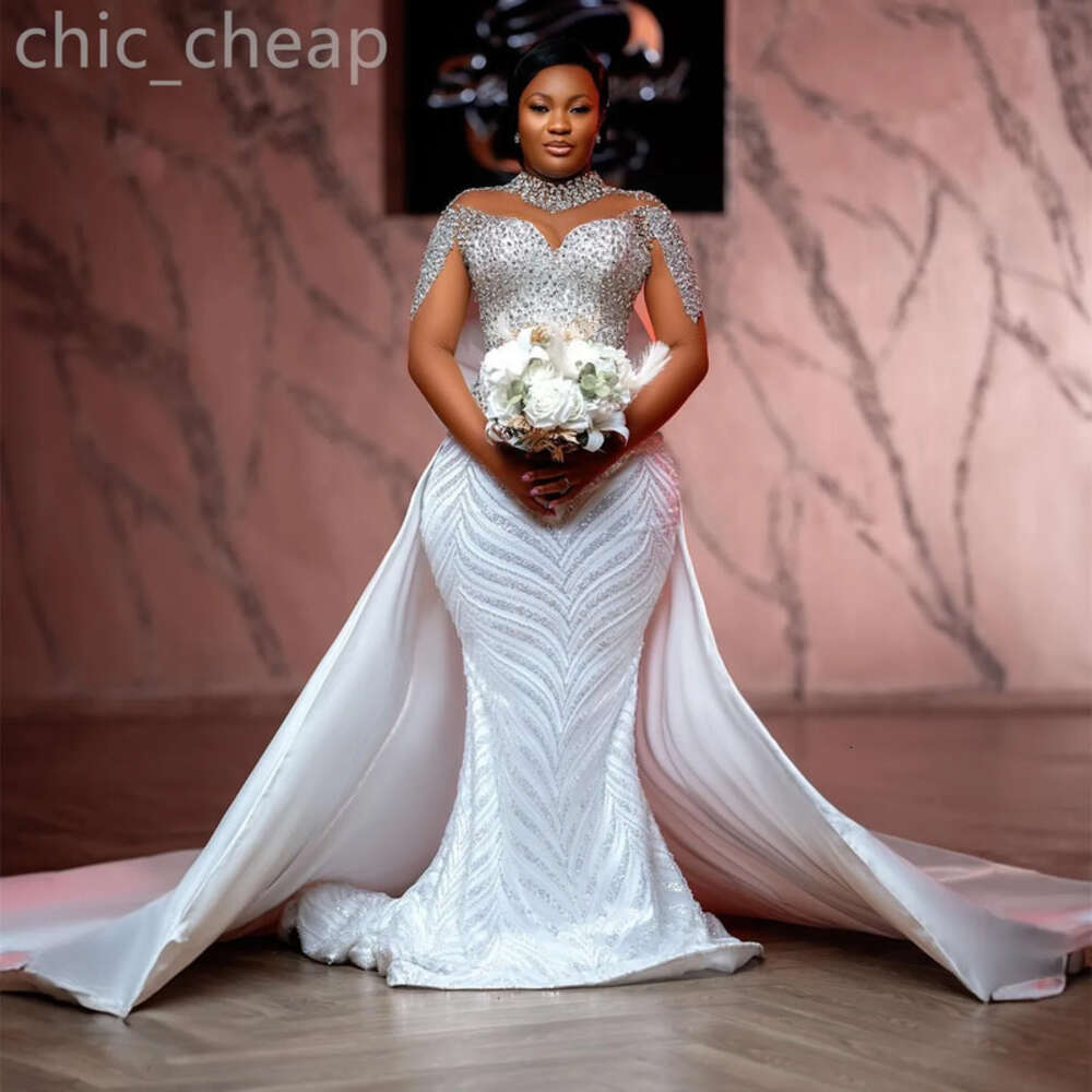 Arabic Aso White Ebi Mermaid Wedding Beaded Crystals Detachable Train Satin Bridal Gowns Dresses ZJ 6660311