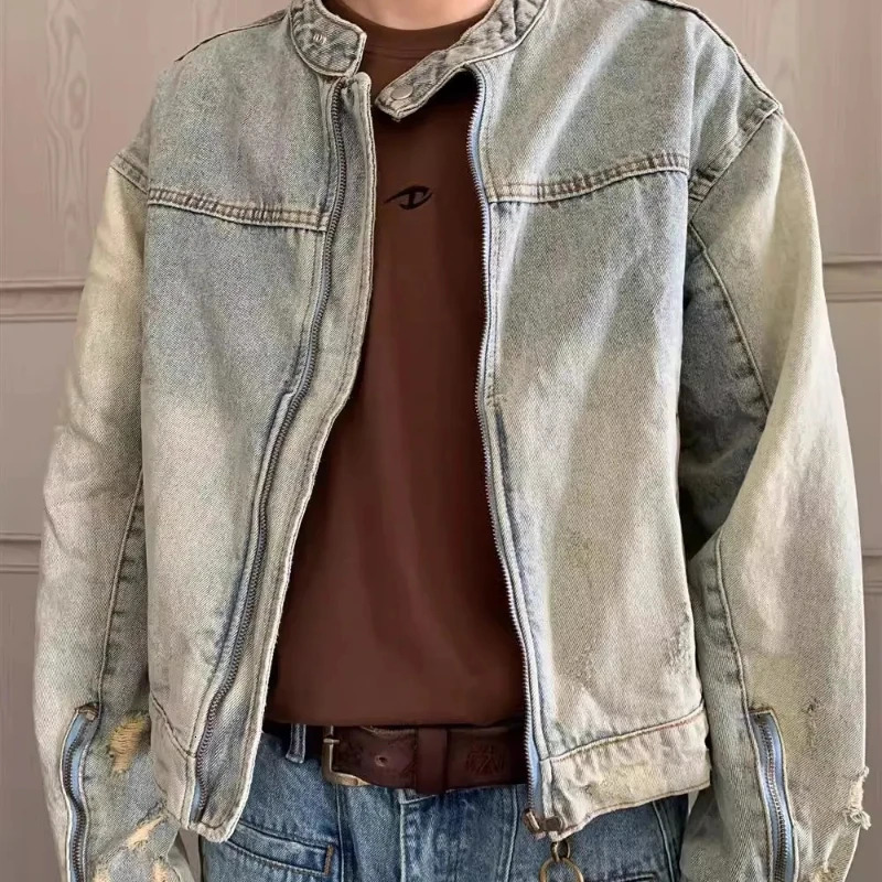 Men Washed Short Denim Jackets American Vintage Casual Loose Zipper Mens Jean Coat Couple Street Trend Cowboy Outwear 240319