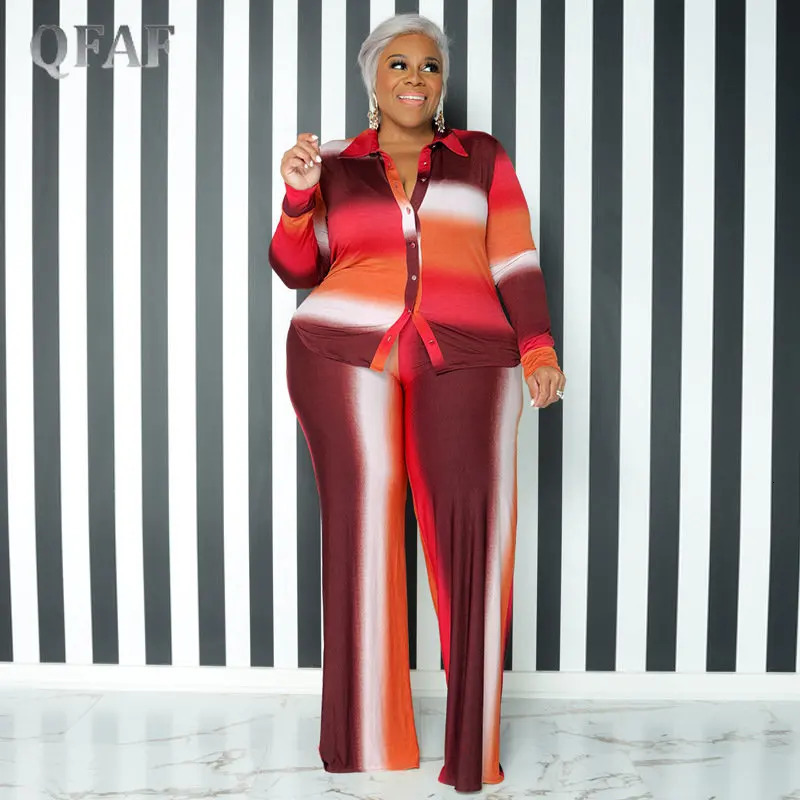 QFAF INS Plus Size Gradient Striped Wide Leg Loose Trouser Suit Women Set Long Sleeve Shirt and Straight Pants Two 2 Piece Set 240309