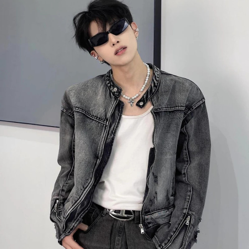 Men Washed Short Denim Jackets American Vintage Casual Loose Zipper Mens Jean Coat Couple Street Trend Cowboy Outwear 240319