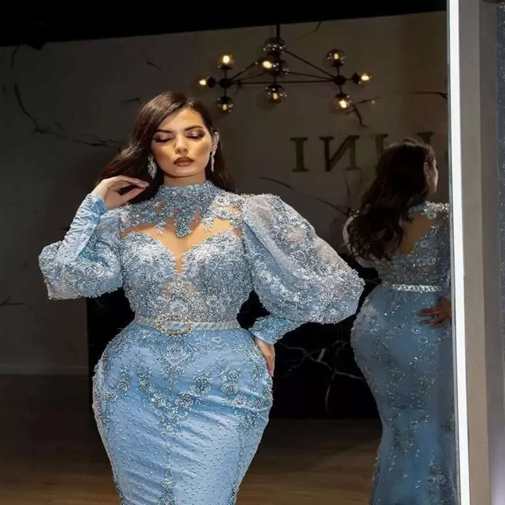 Arabic Plus Size Aso Ebi Luxurious Lace Beaded Prom Dresses Mermaid High Neck Evening Formal Party Second Reception Gowns