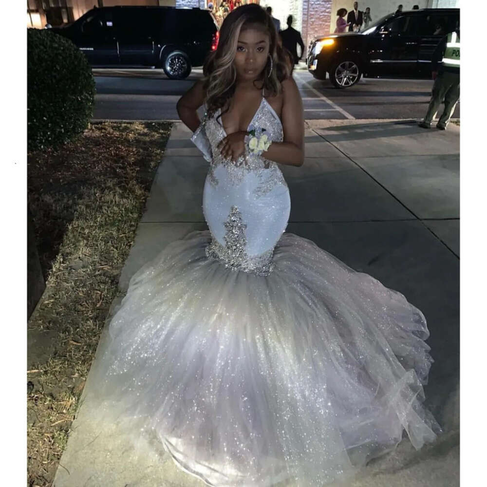 Glitter Sier Prom Sexy V Neck Mermaid Reflective Spaghetti Straps African Long Formal Evening Gowns Graduation Party Dresses 6660305