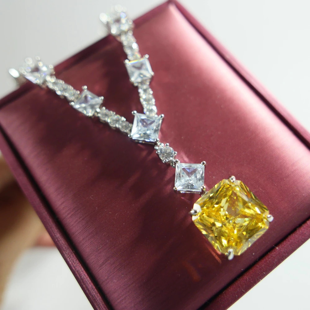 KQDANCE 15mm Lab citrine Diamond Tennis chain Necklace With Yellow stone Silver Gold plated Wedding Jewelry wholesale 240229