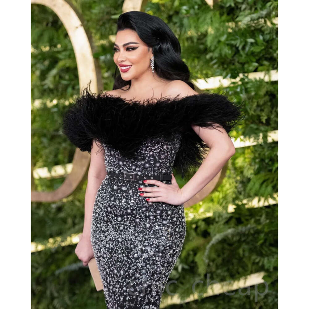 Ebi Black Aso Arabic Sheath Prom Dresses Beaded Feather Urious Evening Formal Party Second Reception Birthday Engagement Gowns Dress ZJ