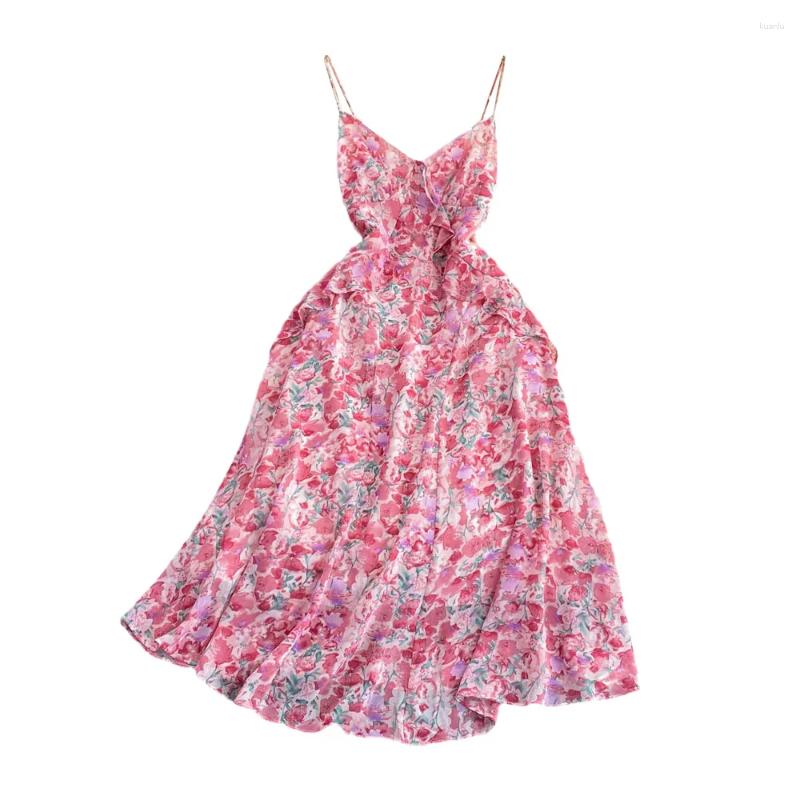 Casual Dresses 2024 Summer Sweet Lolita Dress For Girls High Waist Close Sleeveless A-line Ruffle Floral Chiffon Women Holiday