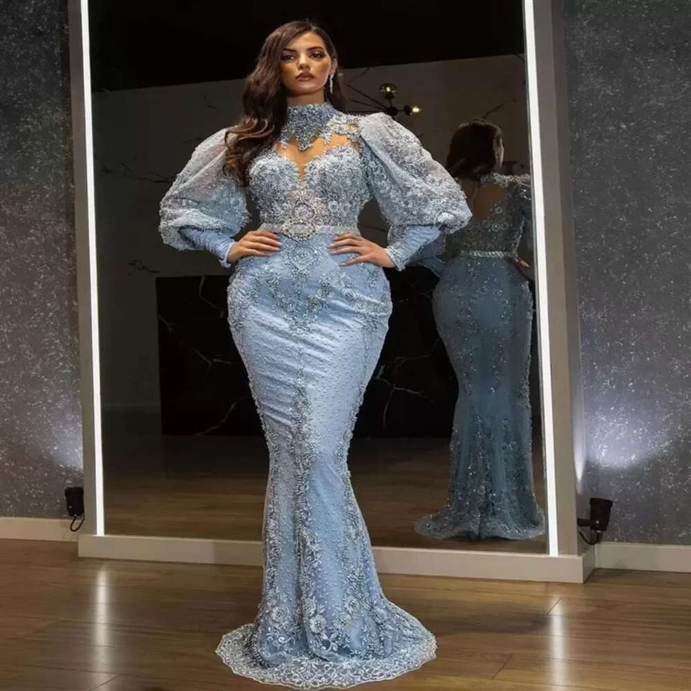 Arabic Plus Size Aso Ebi Luxurious Lace Beaded Prom Dresses Mermaid High Neck Evening Formal Party Second Reception Gowns