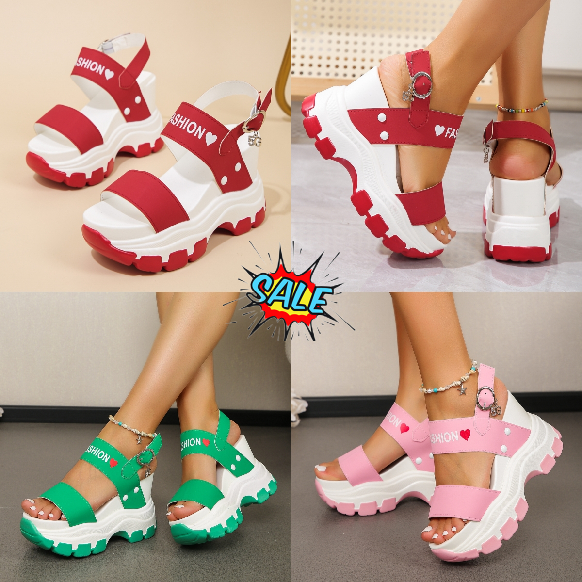 2024 Women's plus-size sandals with wedge soles, thick heels, round head, open toe letter, one-line buckle GAI 35-43