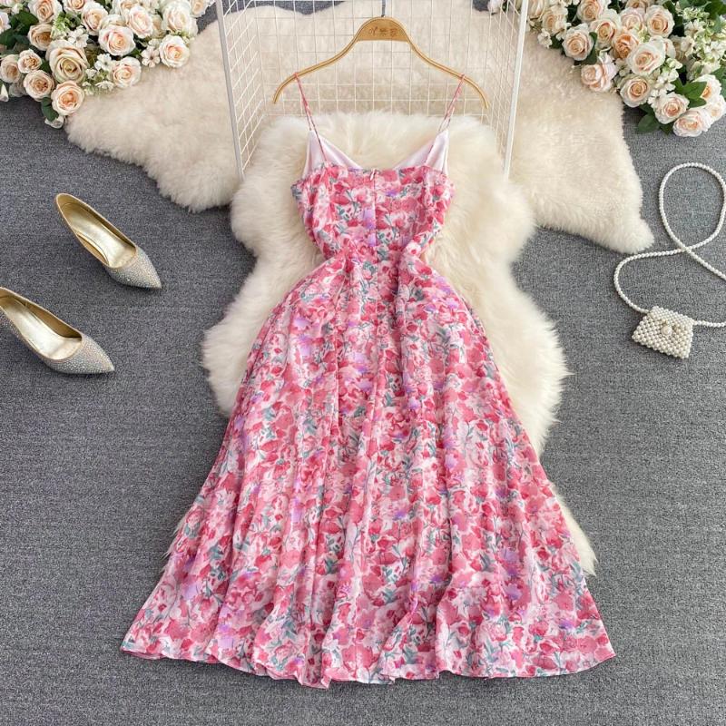 Casual Dresses 2024 Summer Sweet Lolita Dress For Girls High Waist Close Sleeveless A-line Ruffle Floral Chiffon Women Holiday