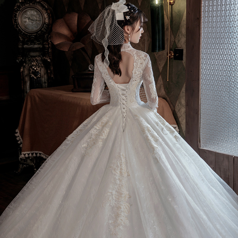 plus size long sleeves Dress high neck beach Bohemian Wedding Gowns Bridal Dresses a line robe de mariage lace Ruched Pleats Custom Made wed gown