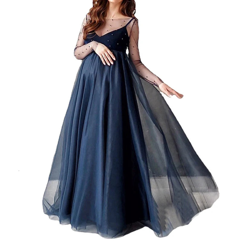 Long Sleeve Bead Mesh Dress For Pregnant Women Wedding Dress Shooting Props Maternity Dress Fashion Pregnant Women Clothing 240309