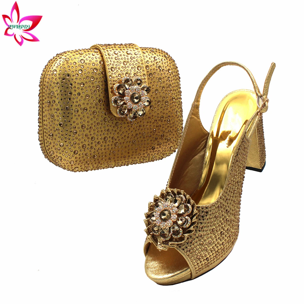 High Quality Classics Style Italian Women Shoes Matching Bag Set in Golden Color Comfortable Heels for Garden Party 240321