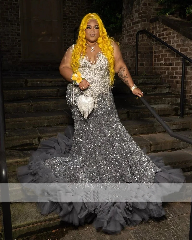 Sparkly Sier Prom Dress For Black Girls Plus Size Glitter Sequin Crystal Rhinestones Ruffle Bead Evening Party Gown