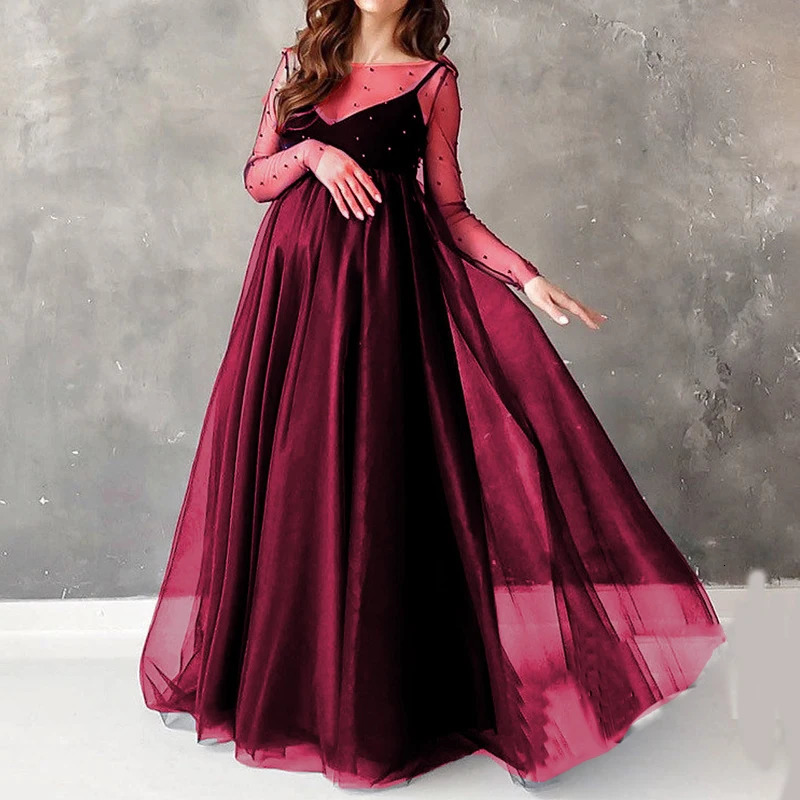 Long Sleeve Bead Mesh Dress For Pregnant Women Wedding Dress Shooting Props Maternity Dress Fashion Pregnant Women Clothing 240309