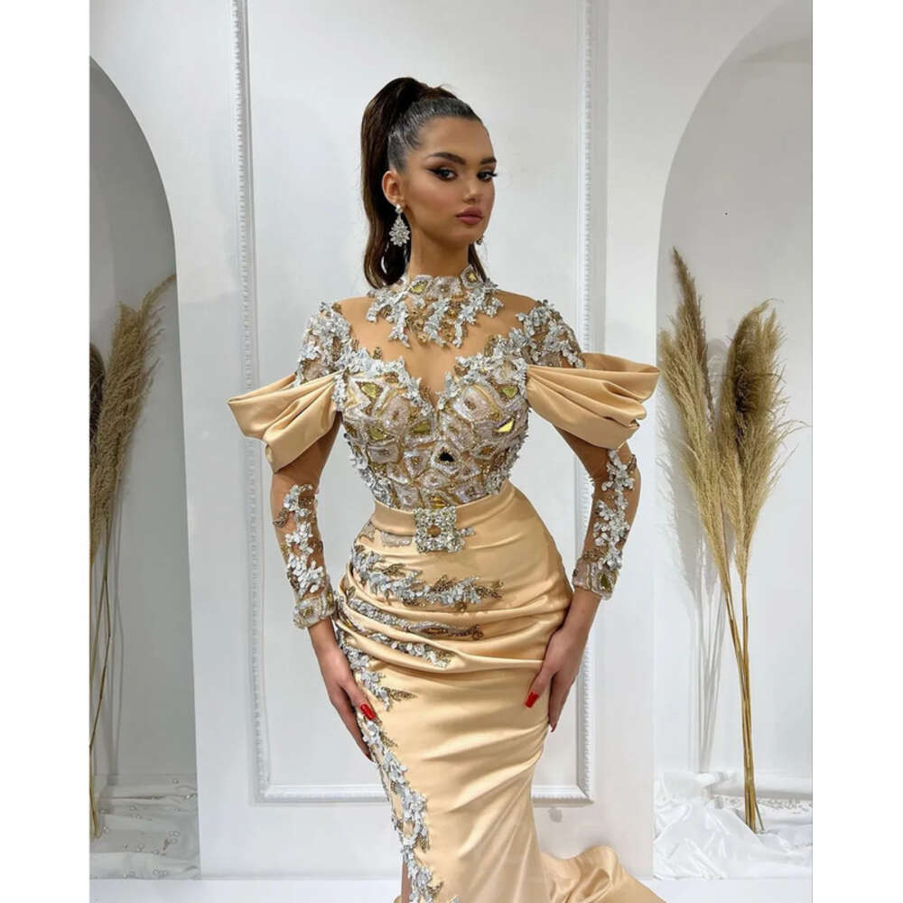 Arabic Champagne Ebi Aso Mermaid Prom Dresses Lace Crystals Beaded Evening Formal Party Second Reception Birthday Engagement Gowns Dress ZJ