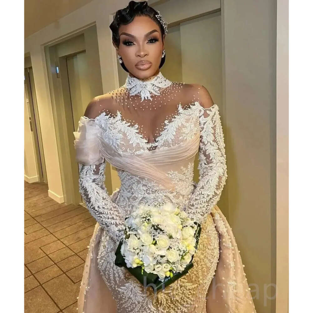 Ebi Mermaid Aso Arabic Lace Wedding Dress Sheer Neck Beaded Illusion Vintage Sexy Bridal Gowns Dresses ZJ Es