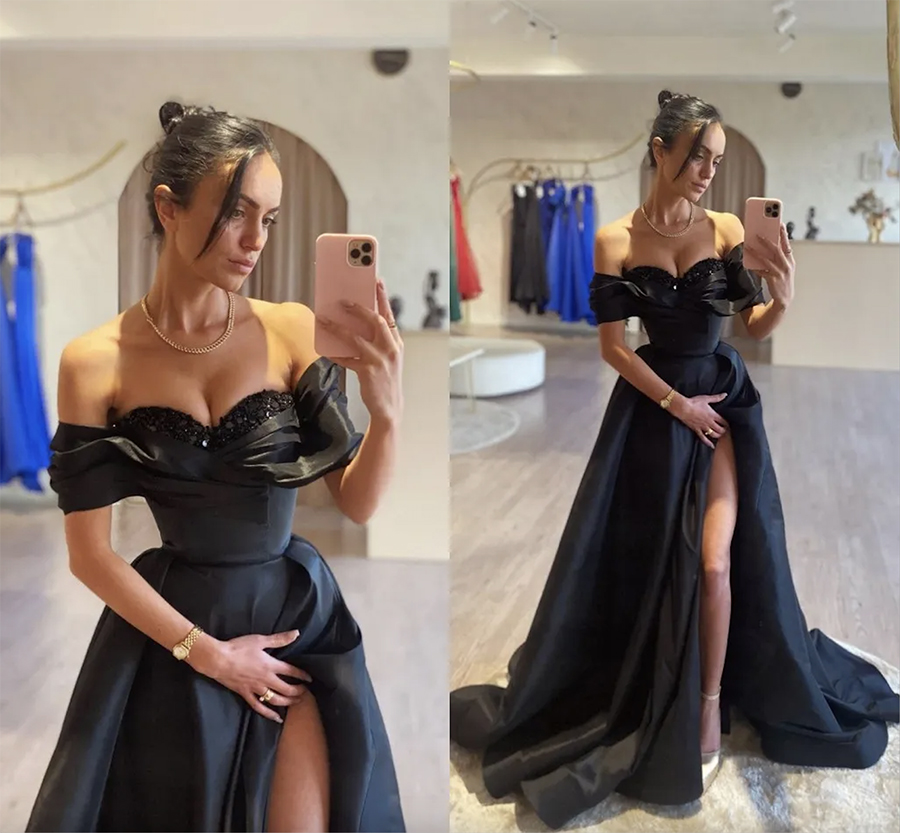 Sexy Black A E Prom Dresses Off Shoulder Sweetheart Sequined High Side Split Or Length Satin Evening Formal Dress Second Receoption Birthday Party Gow