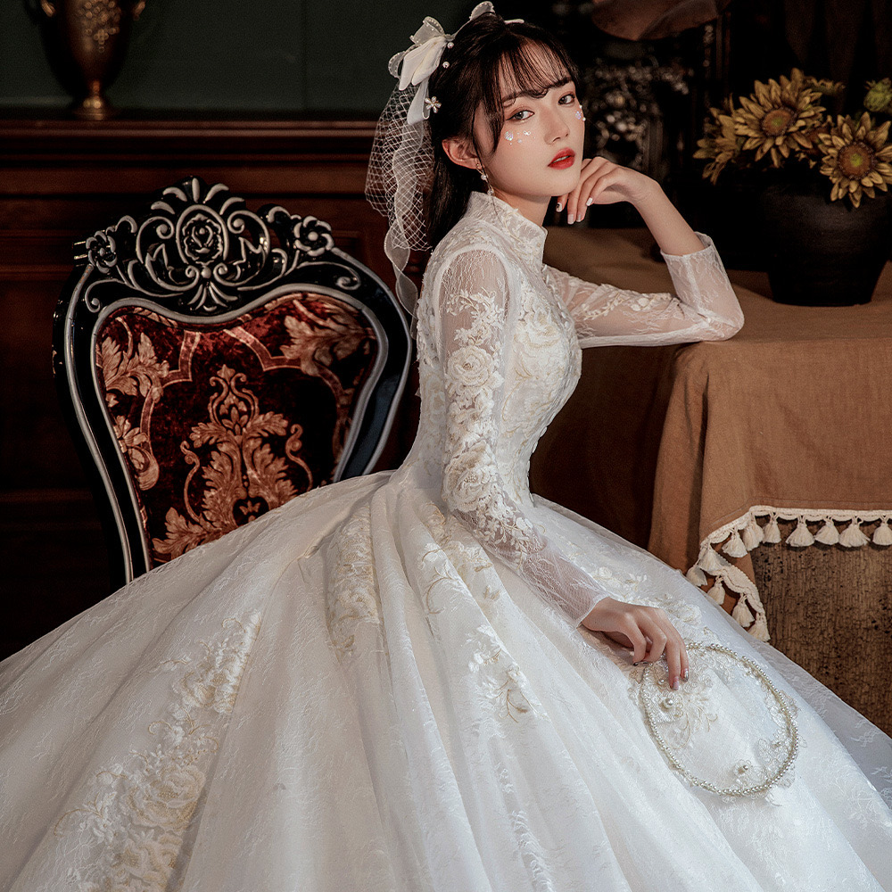 plus size long sleeves Dress high neck beach Bohemian Wedding Gowns Bridal Dresses a line robe de mariage lace Ruched Pleats Custom Made wed gown