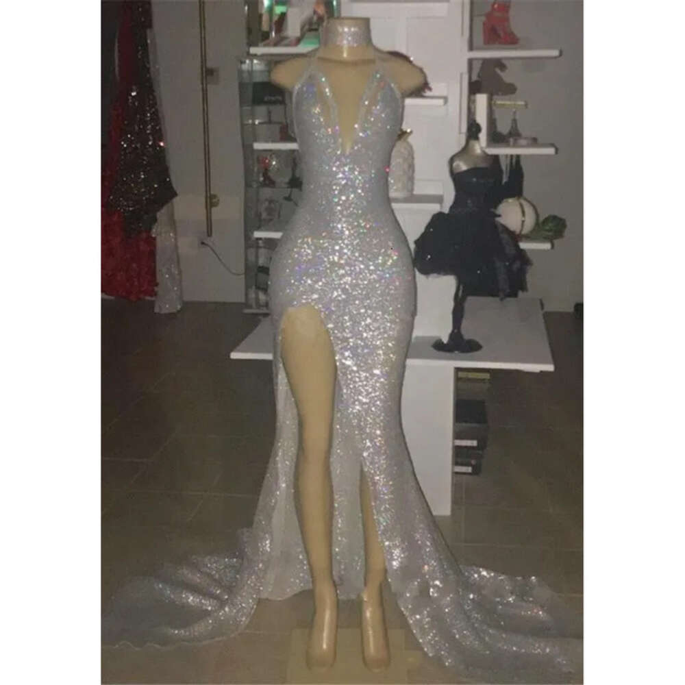 Deep V Sexy Neck High Split Prom Dresses Sier Mermaid Sequins African Gowns Vestidos Women Arabic Evening Party Dress estidos
