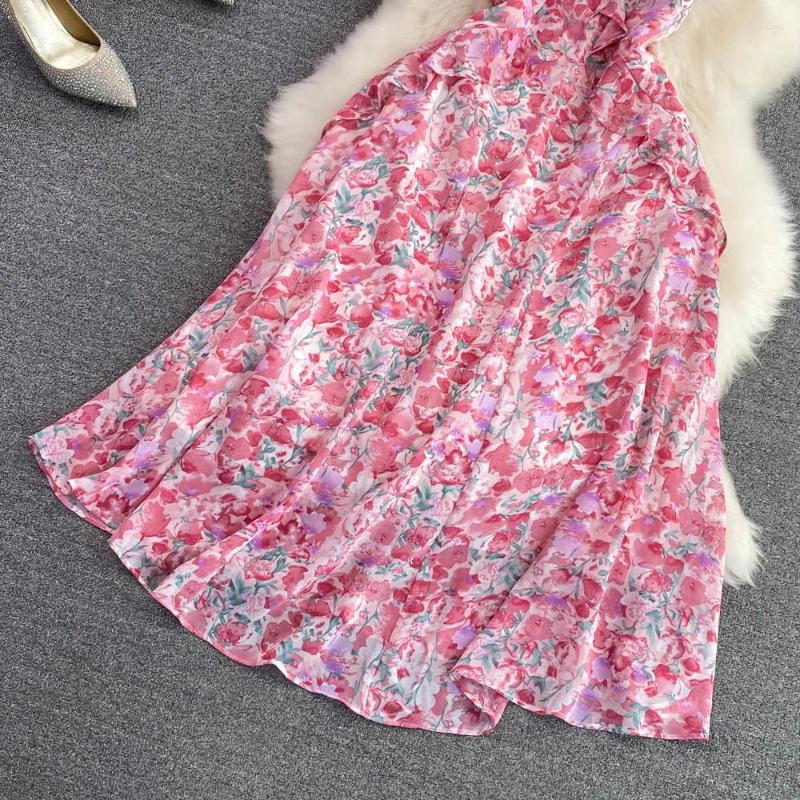 Casual Dresses 2024 Summer Sweet Lolita Dress For Girls High Waist Close Sleeveless A-line Ruffle Floral Chiffon Women Holiday