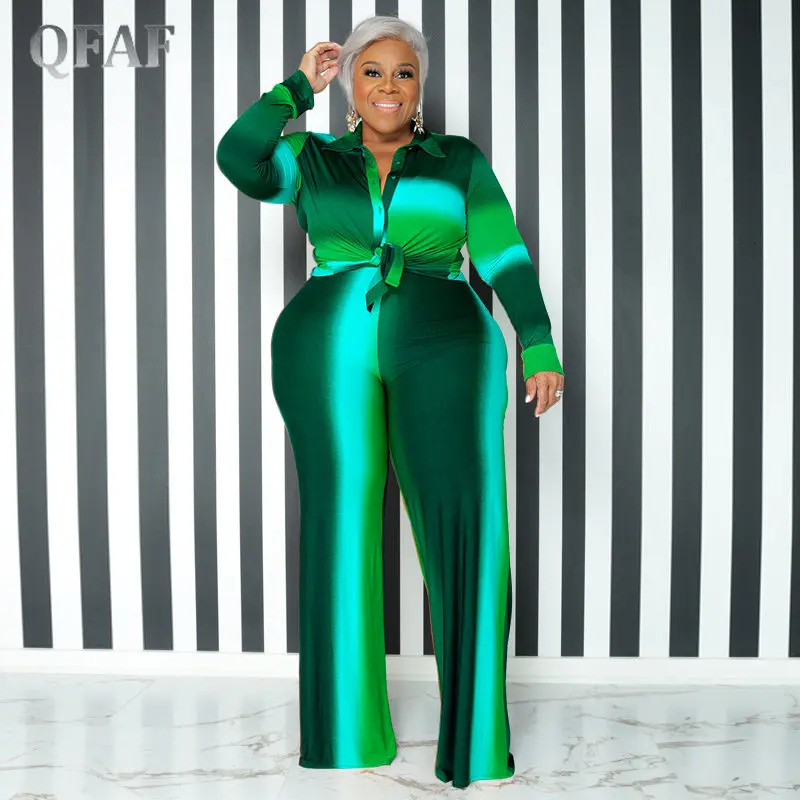 QFAF INS Plus Size Gradient Striped Wide Leg Loose Trouser Suit Women Set Long Sleeve Shirt and Straight Pants Two 2 Piece Set 240309