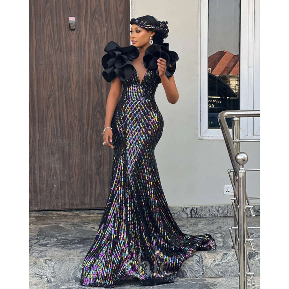 Black Aso Ebi Arabic Mermaid Prom Dress Sequined Lace Sexy Evening Formal Party Second Reception Birthday Engagement Gowns Dresses Robe De Soiree Es