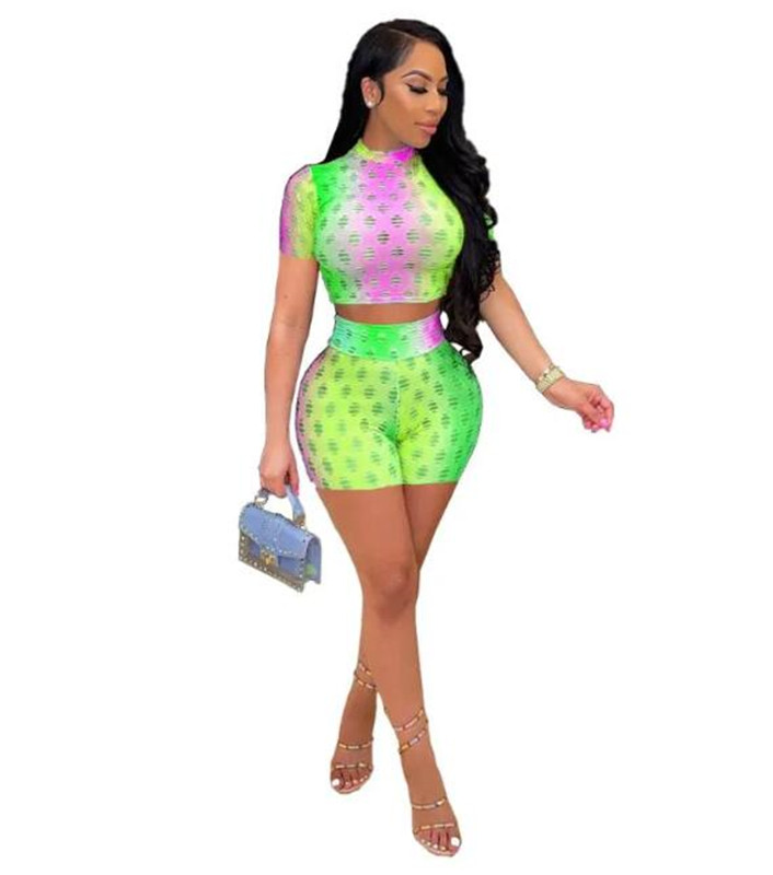 Women's Tracksuits Gradient Sexy Hollow Out Baddie Two Piece Women Short Sets 2024 Fashion Summer Outfits Cropped Top Shirt And Shorts