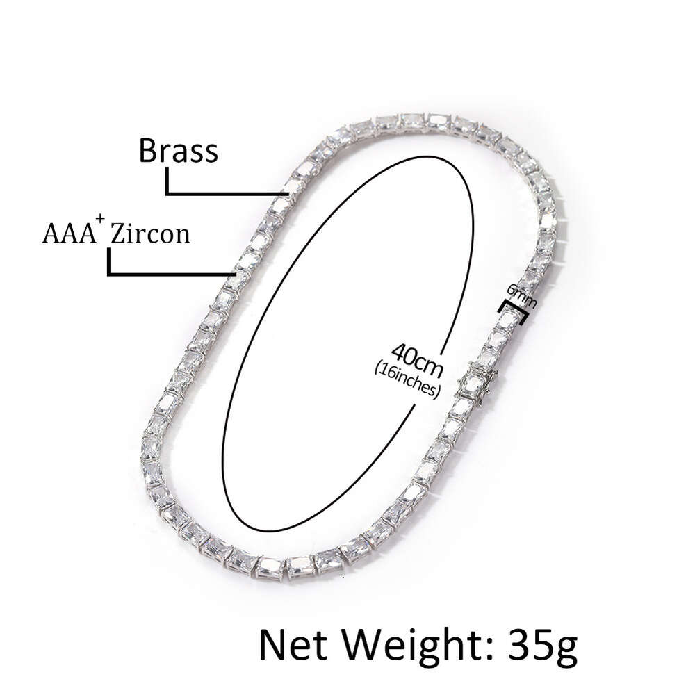 2024 New Hip Hop Rectangular Cubic Zirconia Chain Necklace Choker Ins Personalized Simple Baguette Chains Necklaces Miami Street Minority Copper Gemst