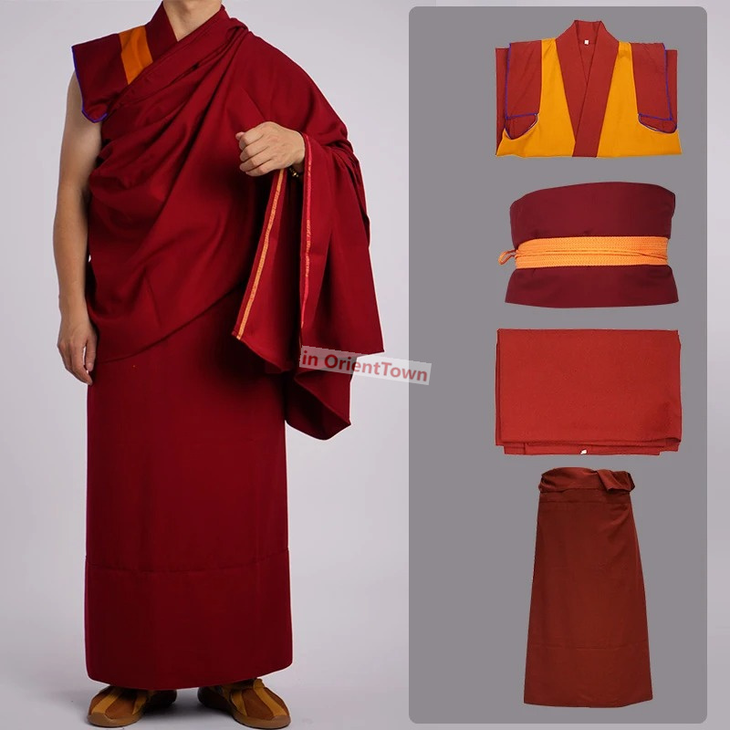Orient Tibetan Buddhist Costume Lama Monk Clothes Lamaism Shawl Waistcoat Belt Skirt 4pcs Tibet Monks Clothing Tibetan Buddhism