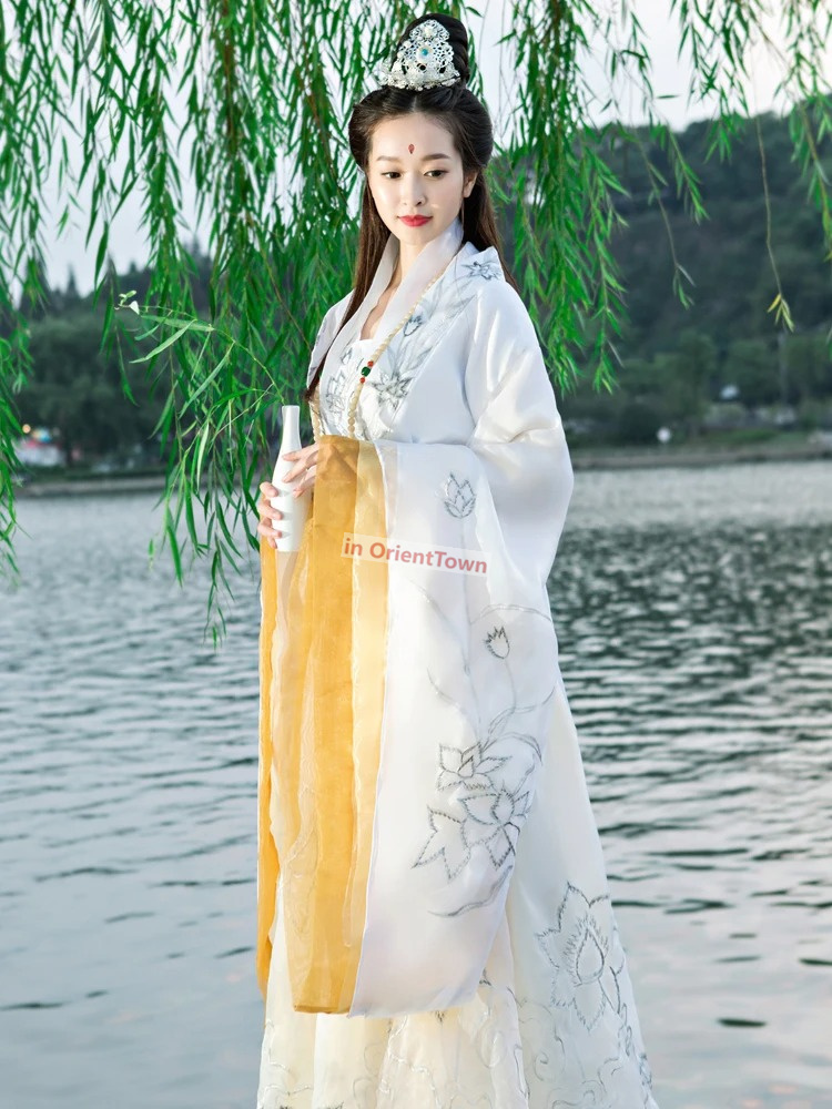Ethnic Clothing TV Film Ancient White Embroidered Avalokitesvara Clothes Mazu Hanfu Suit Modeling Stage Performance Costume Guan Yin Garment