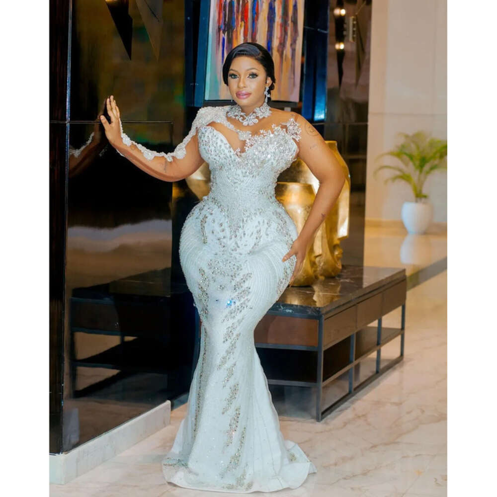 Arabic White Ebi Aso Mermaid Wedding Dress Beaded Crystals Lace Detachable Train Bridal Gowns Dresses ZJ Es