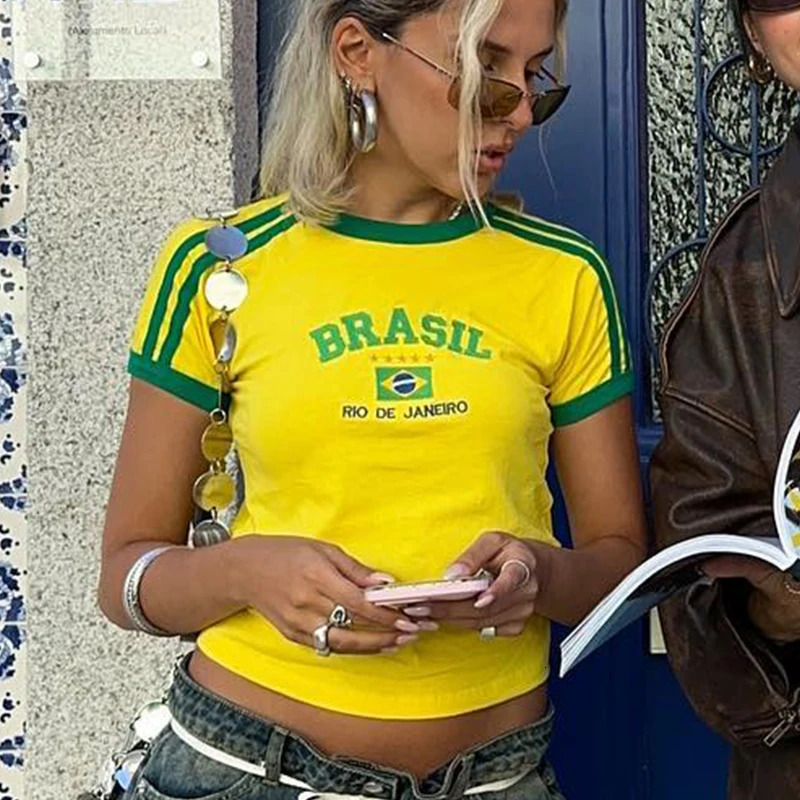 American Retro Fashion Slim Casual Short Sleeve Cut Sexy Top Navel Dress Y2K Female Brazil Flag Printed Shirt T-shirt 240315