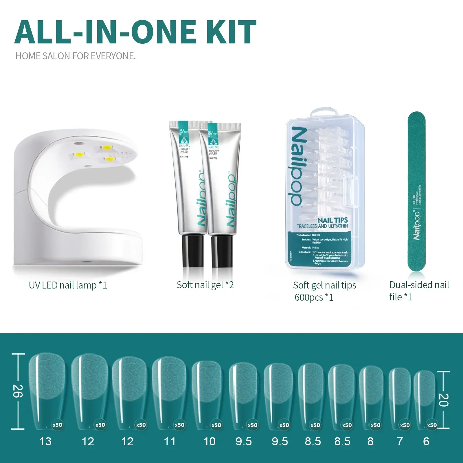 Nailpop Nail Tips and Glue Gel Nail Kit Fast Nail Extension Set with Soft Gel UV Lamp 600Pcs Semi Matte Nails and Files Tools 240321