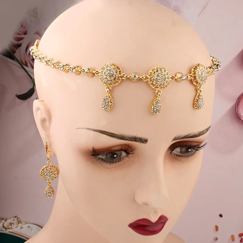 Algeria Bride Hair Chain Gold Plated Crystal Wedding Head Wear Diademas Para Ethnic Women Jewelry Bijoux De Tete Mariage 240311