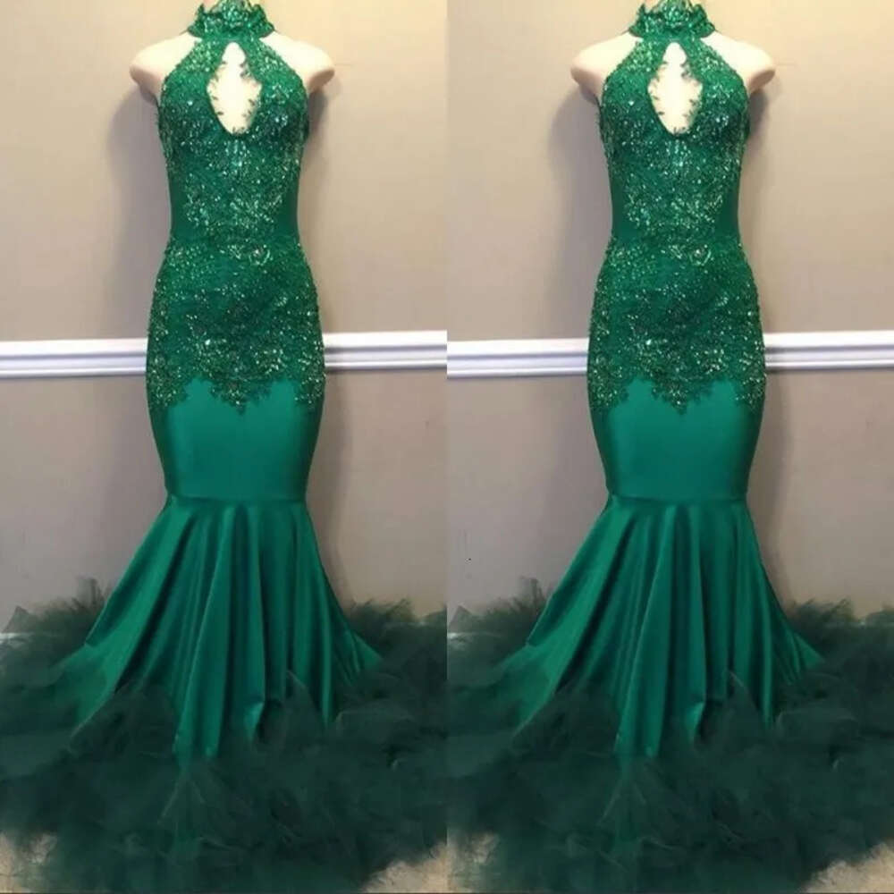 Green Mermaid Dark African Prom Dresses New Floor Length Sequined High Neck Backless Formal Evening Dress Pageant Party Gowns