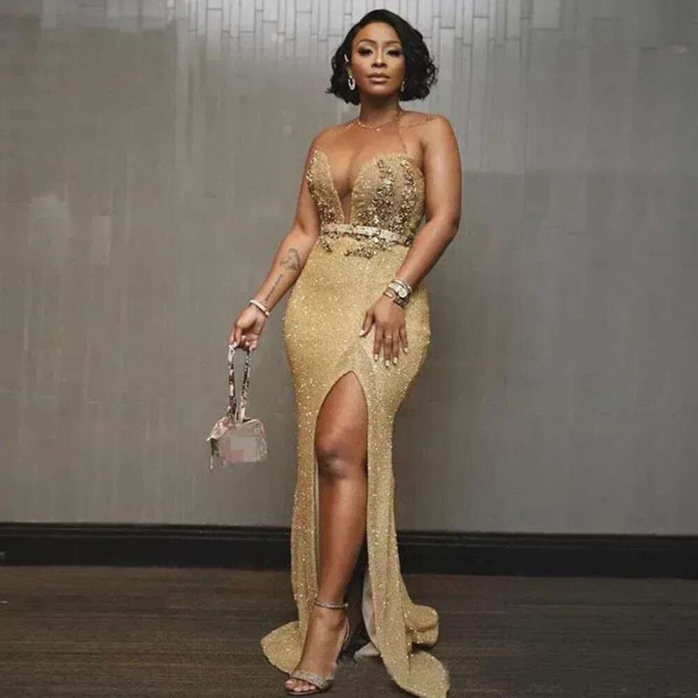 Aso Arabic Ebi Gold Mermaid Special Ocn Beaded Crystals Prom Dresses High Split Formal Party Gowns Plus Size