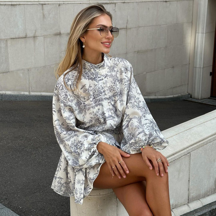 Casual Dresses Vintage Print High Waist Long Midi Dress Women Spring Summer V-neck Lantern Sleeve Button Luxury Party Female Vestido
