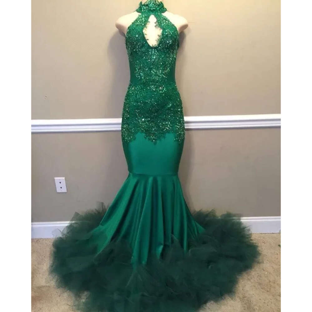 Green Mermaid Dark African Prom Dresses New Floor Length Sequined High Neck Backless Formal Evening Dress Pageant Party Gowns