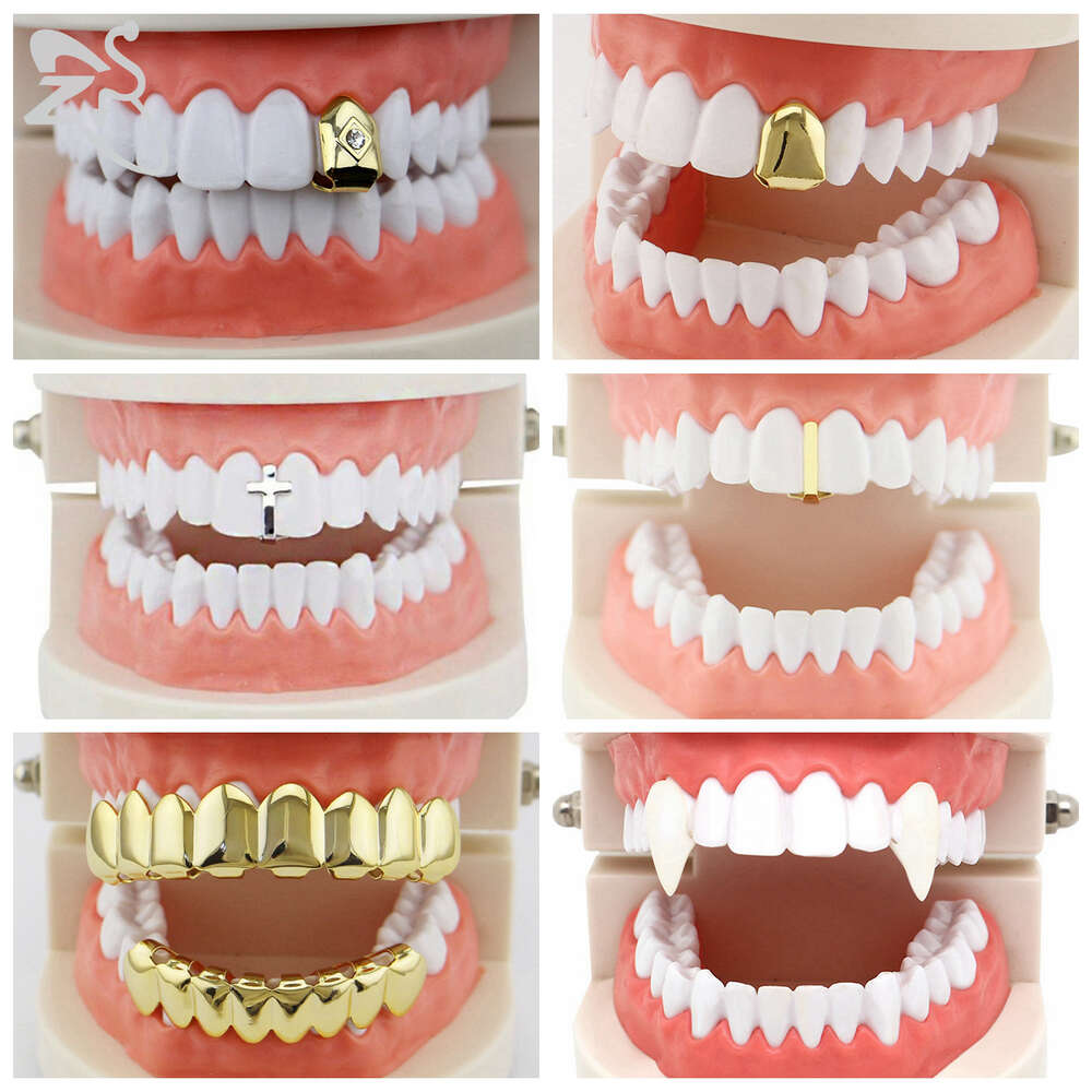 ZS 1-2 Pieces Hip Hop Gold Plated Teeth Shiny CZ Crystal Cross Gap Grillz High Polish Finish Top & Bottom Tooth Cap