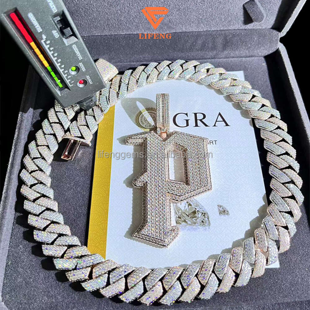 Lifeng Iced Out Moissanite Jewelry Two Tone Plated Hip-hop Chain Three-sided Full of Diamond Pendant Necklace Set