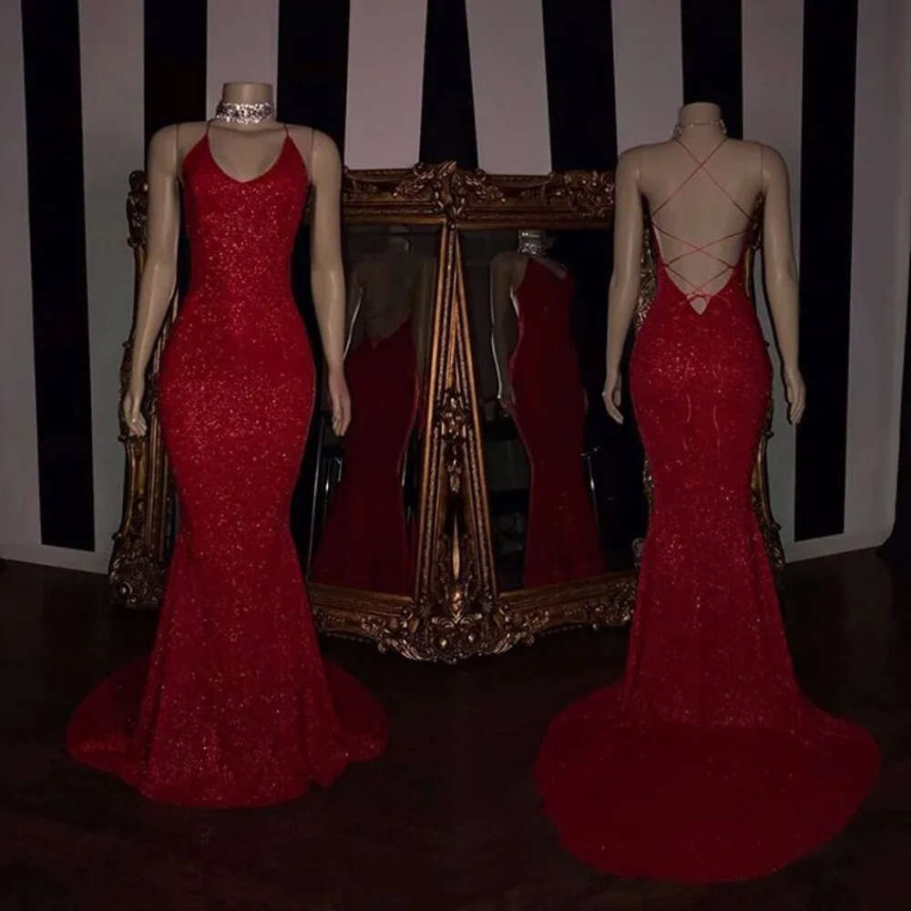 Sequined Prom Red Dresses Criss Cross Backless New Reflective African Evening Party Vestidos Long